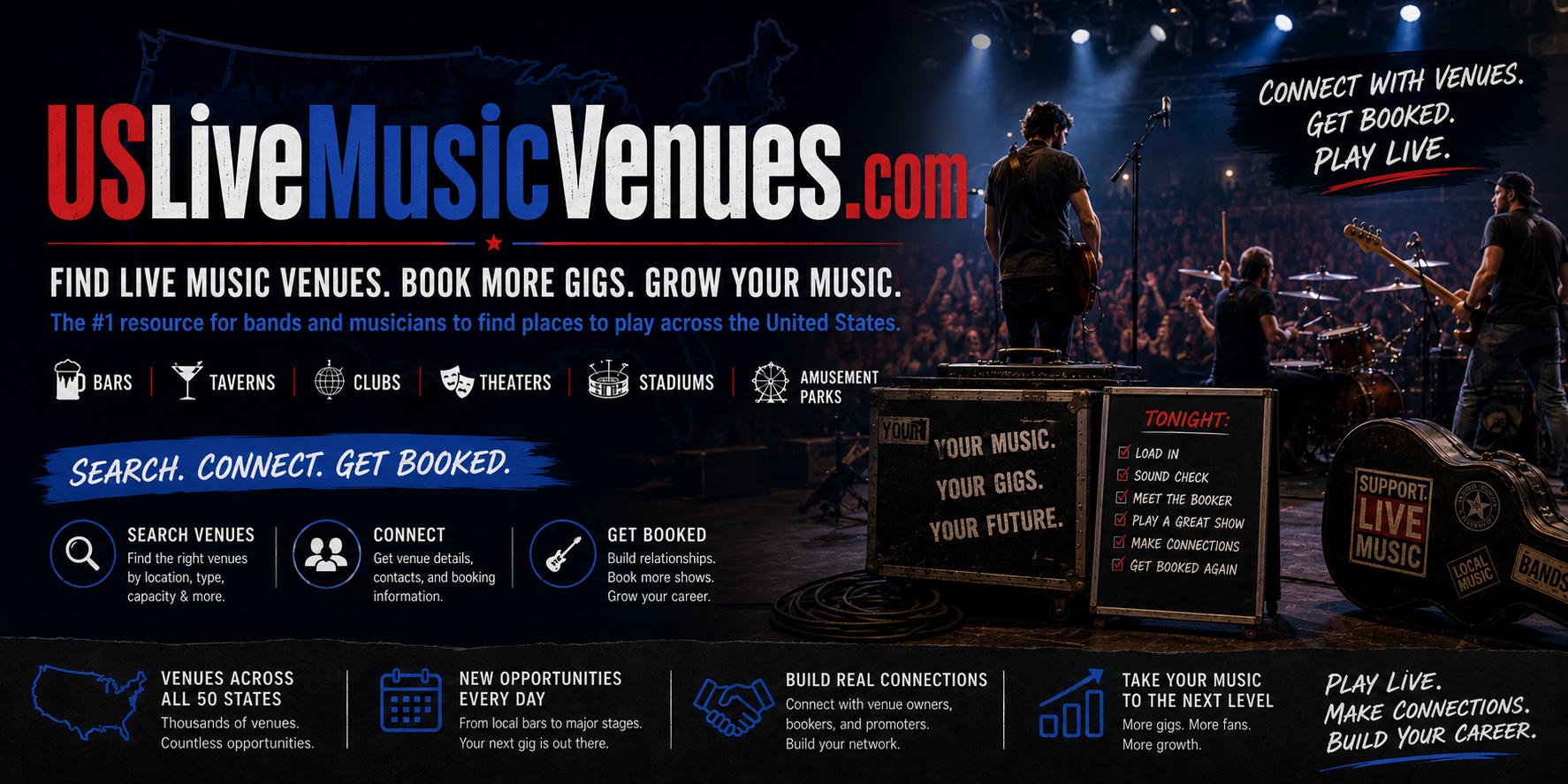USLiveMusicVenues.com — Find live music venues. Book more gigs. Grow your music. The #1 resource for bands and musicians to find places to play across the United States. Search venues, connect with bookers, and get booked at bars, taverns, clubs, theaters, stadiums, and amusement parks in all 50 states.